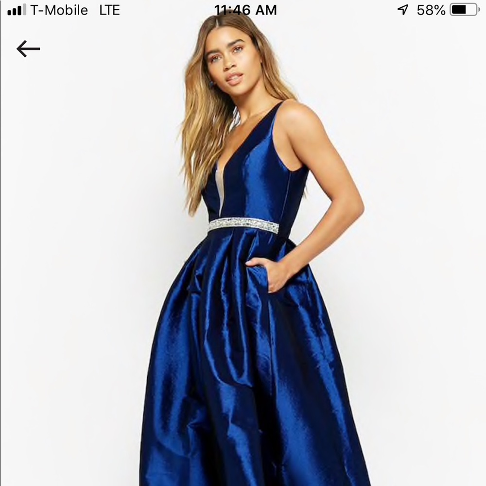 Blue taffeta gown with jeweled waist